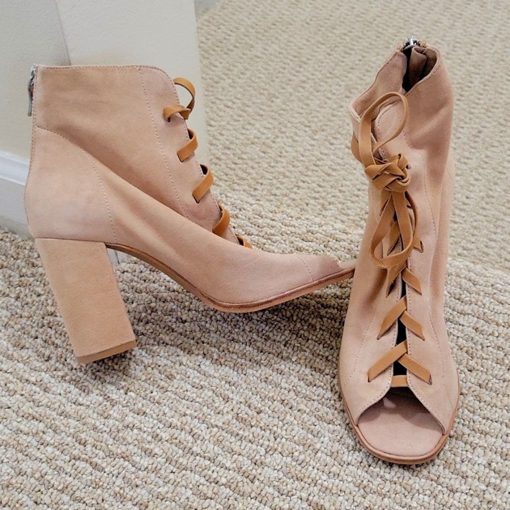 Blush suede peep toe lace up bootie. Never worn
